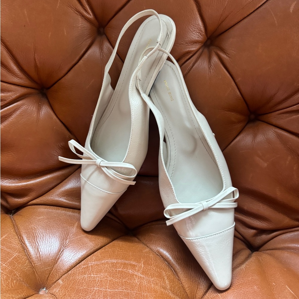 Anine Bing Zoey Slingback Heels in Bone Crinkled Patent